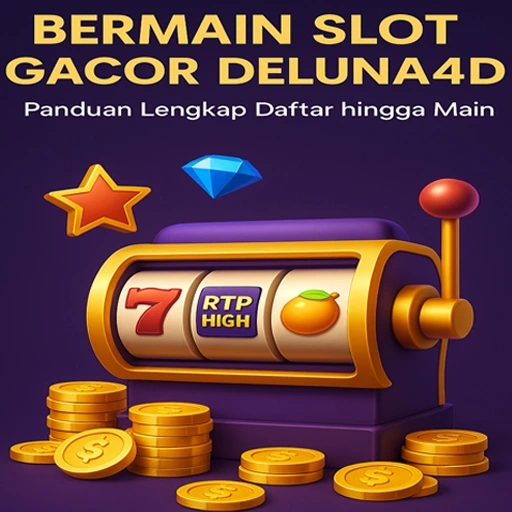 Ilustrasi 3D slot machine ungu emas bertema bermain slot gacor DELUNA4D dengan simbol 7, RTP tinggi, dan koin emas di latar ungu elegan