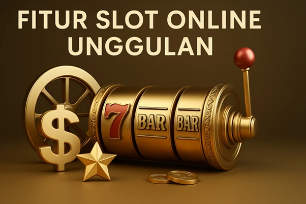 Ilustrasi 3D mewah bertema fitur slot online unggulan, menampilkan mesin slot emas berkilau, simbol scatter, karakter animasi premium, dan efek cahaya dramatis untuk menggambarkan inovasi game modern.